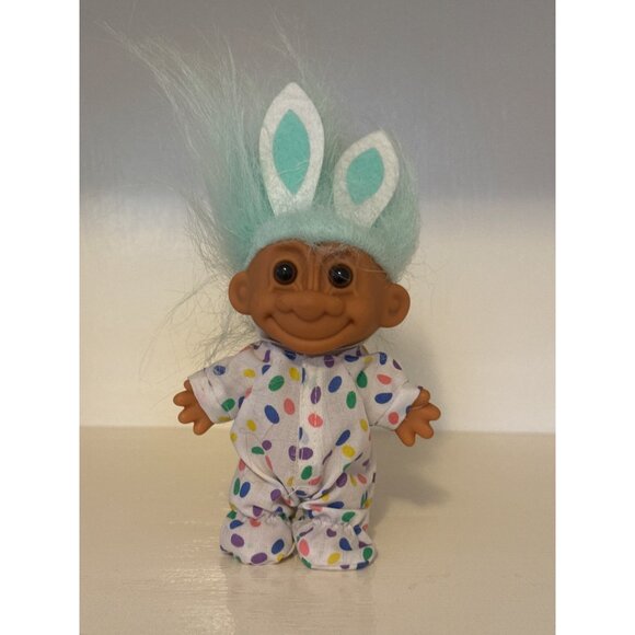 Russ Troll Doll With Mint Hair & Bunny Ears Wearing Polka Dot Pajamas Easter - Picture 1 of 4